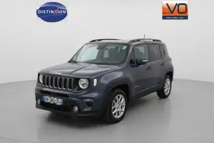 Jeep Renegade bleu en 3/4 avant droit avec barres de toit et jantes alliage 17 pouces visibles.