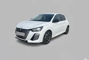 PEUGEOT 208 Hybrid 110 e-DCS6 Allure blanc vu en 3/4 avant droit avec calandre distinctive et jantes noires.