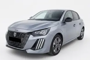 Peugeot 208 Hybrid 110 e-DCS6 Allure gris vue 3/4 avant avec calandre distinctive et feux LED verticalisés.