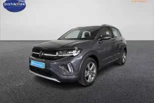 Volkswagen T-Cross gris en 3/4 avant droit, avec projecteurs Matrix LED et pare-chocs R-Line distinctif.