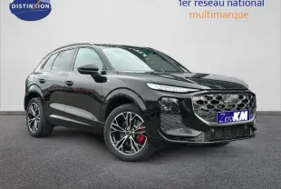 Audi Q3 2.0 TDI noir métallisé en 3/4 avant droit, avec jantes alu et étriers de frein rouges visibles.