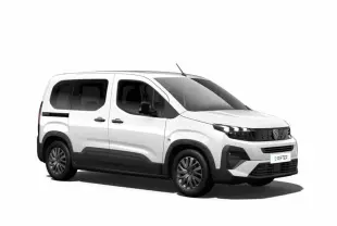 Peugeot Rifter blanc Kaolin en vue 3/4 avant droit, avec protections noires sur les bas de caisse et jantes foncées.