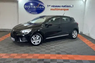 Renault Clio Business E-Tech hybride noir vue 3/4 avant droit, avec jantes argentées et feux LED allumés.