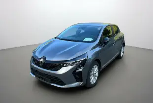 Renault Clio gris schiste vue 3/4 avant droit, feux full LED et jantes alu 16 pouces visibles.