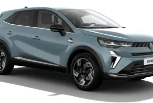 Renault Symbioz bleu mercure en 3/4 avant droit, SUV compact avec phares LED et jantes bi-ton modernes.