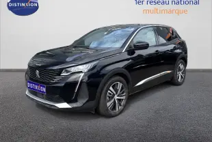 Peugeot 3008 Hybrid noir métal en 3/4 avant droit, avec jantes alliage et calandre distinctive.
