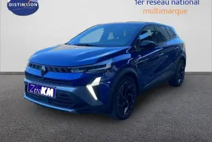 Renault Symbioz 2025 bleu Iron Metal en 3/4 avant droit, SUV hybride avec feux LED et jantes noires distinctives.