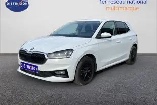 Vue 3/4 avant droite d'une Skoda Fabia blanc glacier avec jantes noires et calandre marquée.