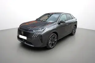Peugeot 3008 Hybrid 145 GT Alcantara gris titane avec toit noir, vue 3/4 avant côté droit sur fond neutre.