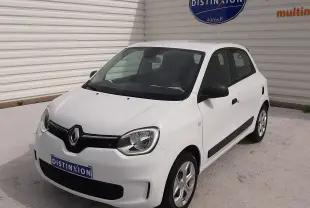 Renault Twingo III blanc cristal vue 3/4 avant droit, compacte 5 portes avec baguettes latérales noires.
