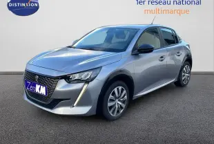 Peugeot 208 électrique gris Artense vue 3/4 avant droit avec calandre distinctive et feux LED verticaux.