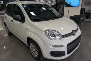 Vue 3/4 avant droite d'une FIAT Panda 1.0 70 CH Hybrid City blanche Gelato en showroom lumineux.