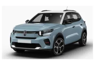 Citroën C3 Turbo 100ch Plus bleu Monte Carlo avec toit blanc, vue 3/4 avant droit, jantes alliage et phares LED.