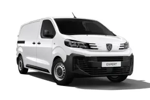 Vue 3/4 avant droit d'un Peugeot Expert Fourgon blanc, avec calandre noire et jantes acier simples.