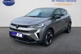 Renault Captur E-Tech gris cassiopée métal toit noir en 3/4 avant droit avec signature lumineuse LED distinctive.
