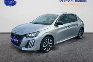 Peugeot 208 1.2 100 Style gris Artense vue 3/4 avant droit avec jantes noires et phares LED distinctifs.