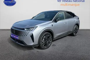 Peugeot 3008 gris Artense vue 3/4 avant droit, avec jantes alliage noires et toit noir contrasté.