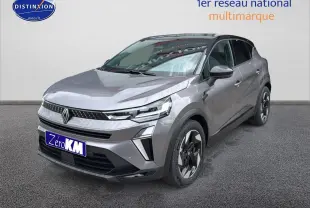 Renault Captur 2025 gris cassiopée en vue 3/4 avant droit avec jantes alu et phares LED allumés.