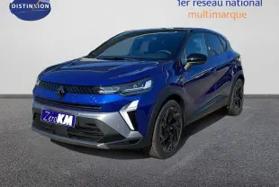 Renault Captur E-Tech hybride bleu Iron Metal avec toit noir, vue 3/4 avant droit mettant en valeur ses lignes modernes.