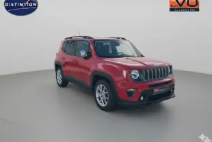 Jeep Renegade rouge vue 3/4 avant droit avec barres de toit et jantes alliage 17 pouces sur fond neutre.