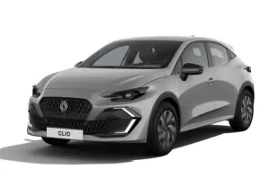 Renault Clio VI gris Rafale en vue 3/4 avant droit, avec calandre noire et feux LED distinctifs allumés.
