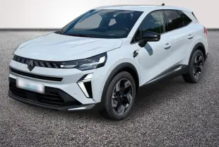 Renault Symbioz gris clair en 3/4 avant droit, avec calandre noire et jantes au design moderne.