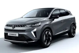 Vue 3/4 avant droit du Renault SYMBIOZ gris Rafale avec calandre moderne et jantes noires bicolores.