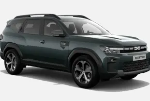 SUV Dacia Bigster Hybrid 155 Journey vert cèdre en vue 3/4 avant droit avec calandre marquée et jantes spécifiques.