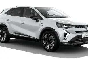 Renault Symbioz blanc nacré vu en 3/4 avant droit, avec calandre moderne et jantes noires stylisées.
