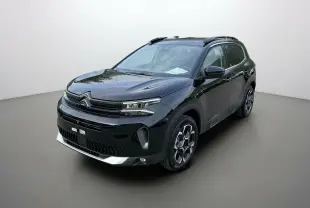 Citroën C5 Aircross Hybrid 2025 noir en 3/4 avant droit avec jantes distinctives et toit noir brillant.
