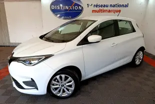 Renault ZOE blanc vue 3/4 avant droit, compacte électrique avec phares LED et jantes alliage.