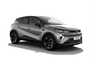 Renault Captur gris rafale en vue 3/4 avant droit, avec jantes noires et signature lumineuse LED distinctive.