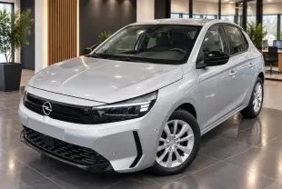 Opel Corsa 2025 gris kristall vue 3/4 avant en intérieur, avec calandre noire et jantes argentées.