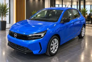 Opel Corsa 1,2 100 CV GS 2025 bleu voltaik vue 3/4 avant en intérieur avec calandre noire distinctive.