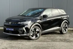 Renault Symbioz E-Tech noir étoilé en vue 3/4 avant droit, avec jantes 18 pouces et détails modernes distinctifs.