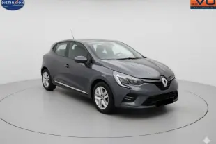 Renault Clio gris foncé vue 3/4 avant droit, avec phares LED et jantes alliage cinq branches.