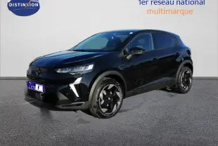 Renault Captur E-Tech hybride noir étoile métal en 3/4 avant droit avec jantes bicolores et feux LED distinctifs.