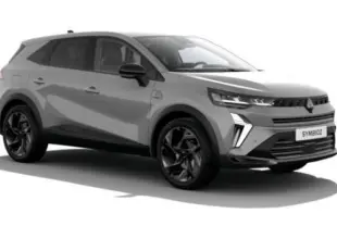 Renault Symbioz 2026 gris Rafale en 3/4 avant droit, avec jantes noires et signature lumineuse distinctive Esprit Alpine.