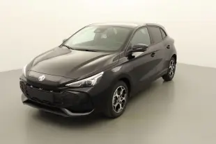 MG3 1.5 Hybrid+ 195 Luxury Pebble Black vue 3/4 avant droit avec jantes alliage et calandre noire brillante.
