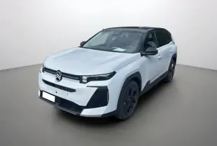 Citroën C5 Aircross New Hybrid blanc okénite avec toit noir, vue 3/4 avant droit sur fond neutre.