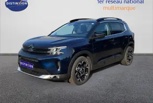 Citroën C5 Aircross bleu Eclipse métal en 3/4 avant droit, avec jantes noires et toit noir contrasté.