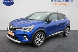 Renault Captur hybride rechargeable bleu Iron Metal avec toit noir, vue 3/4 avant droit, jantes alliage distinctives.