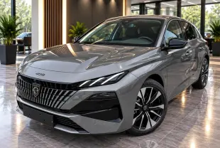 Vue 3/4 avant droite d'une Peugeot 408 gris sellenium avec calandre verticale distinctive et jantes noires bicolores.