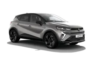 Renault Captur gris clair esprit Alpine hybride, vue 3/4 avant avec jantes noires et signature lumineuse LED.