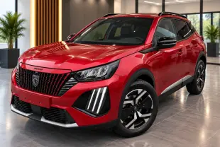 Peugeot 2008 rouge elixir en 3/4 avant droit, avec calandre noire et feux LED verticalisés, dans un showroom lumineux.