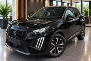 Peugeot 2008 noir perla en 3/4 avant droit, avec signature lumineuse verticale et jantes bicolores.