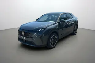 Peugeot 3008 hybride 2025 gris titane avec toit noir, vue 3/4 avant droit mettant en valeur sa calandre distinctive.