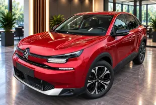 Citroën C4 1,2 Hybrid 2025 rouge elixir en 3/4 avant droit, avec jantes noires et détails noirs contrastants.