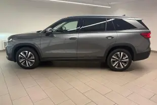 Vue de profil côté gauche du Skoda Kodiaq 2025 gris graphite avec jantes alliage et vitres teintées.