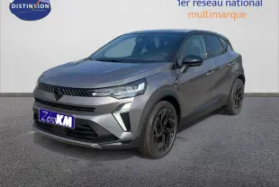 Renault Captur E-Tech hybride gris cassiopée avec toit noir, vue 3/4 avant droit, jantes noires distinctives.